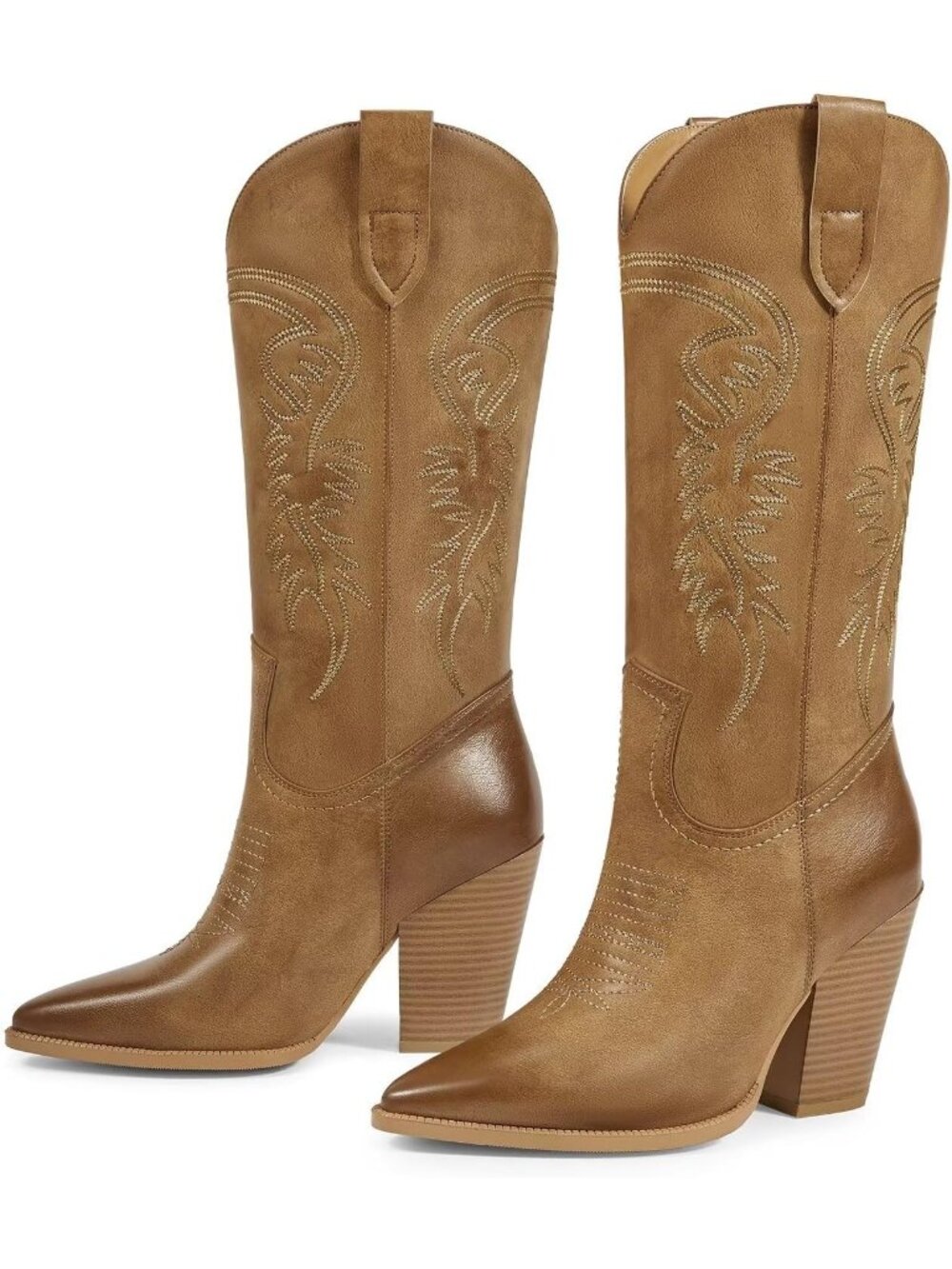 Women's Light Brown Leather Cowgirl Boots Pointed Toe Chunky Heel Western Boots - Picture 5 of 7